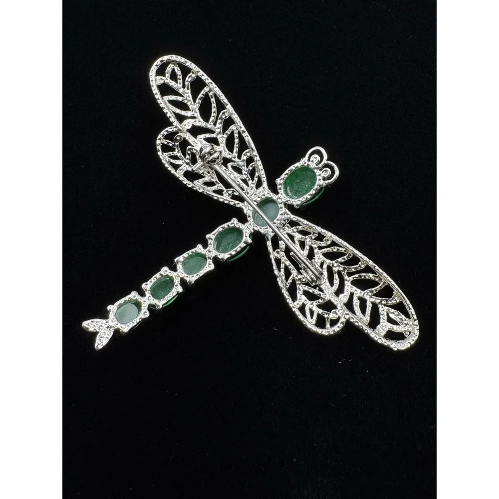Silver Tone Jadeite Openwork Dragonfly Brooch Pin Bug‎ Jewelry